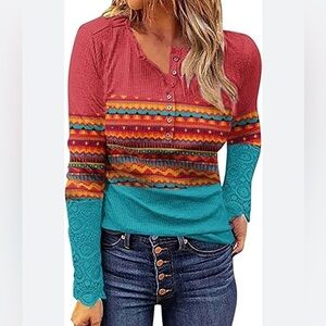 Bohemian Aztec Colorful Henley Pull Over Top